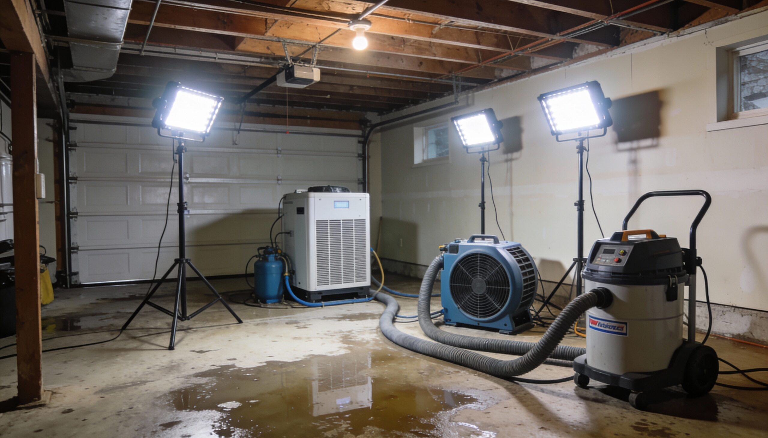 Professional-grade restoration equipment including dehumidifiers and air movers set up for water damage drying in residential property