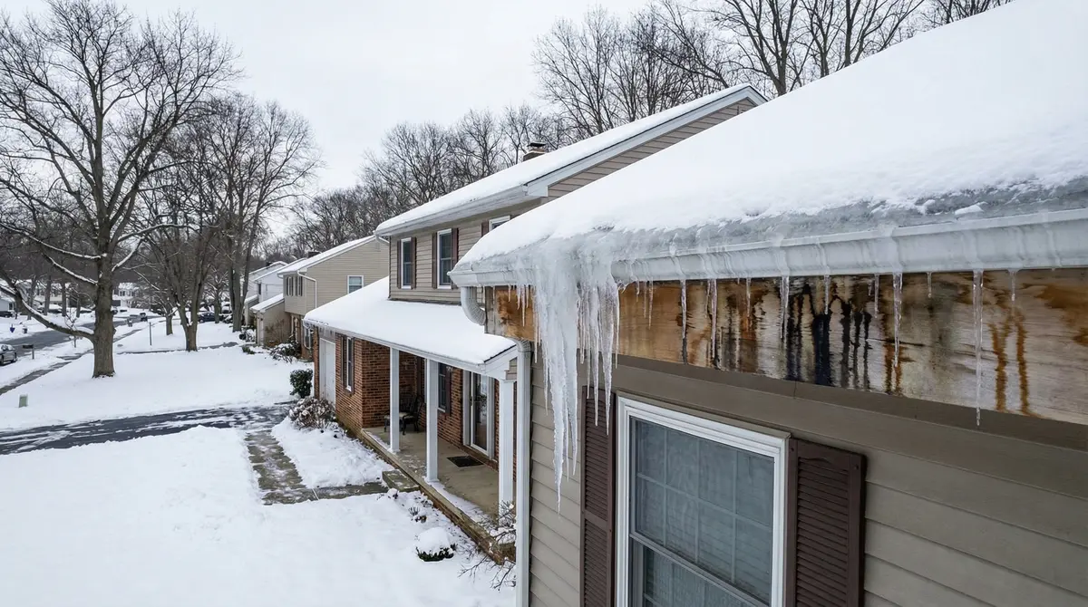 Ice dam roof leak in Fairfield NJ showing icicles and water damage on residential home