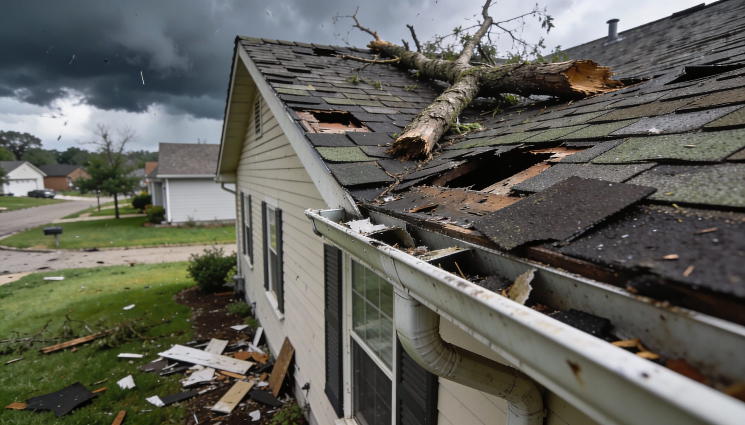 Home with storm damage showing missing roof shingles and fallen tree branch requiring insurance claim documentation