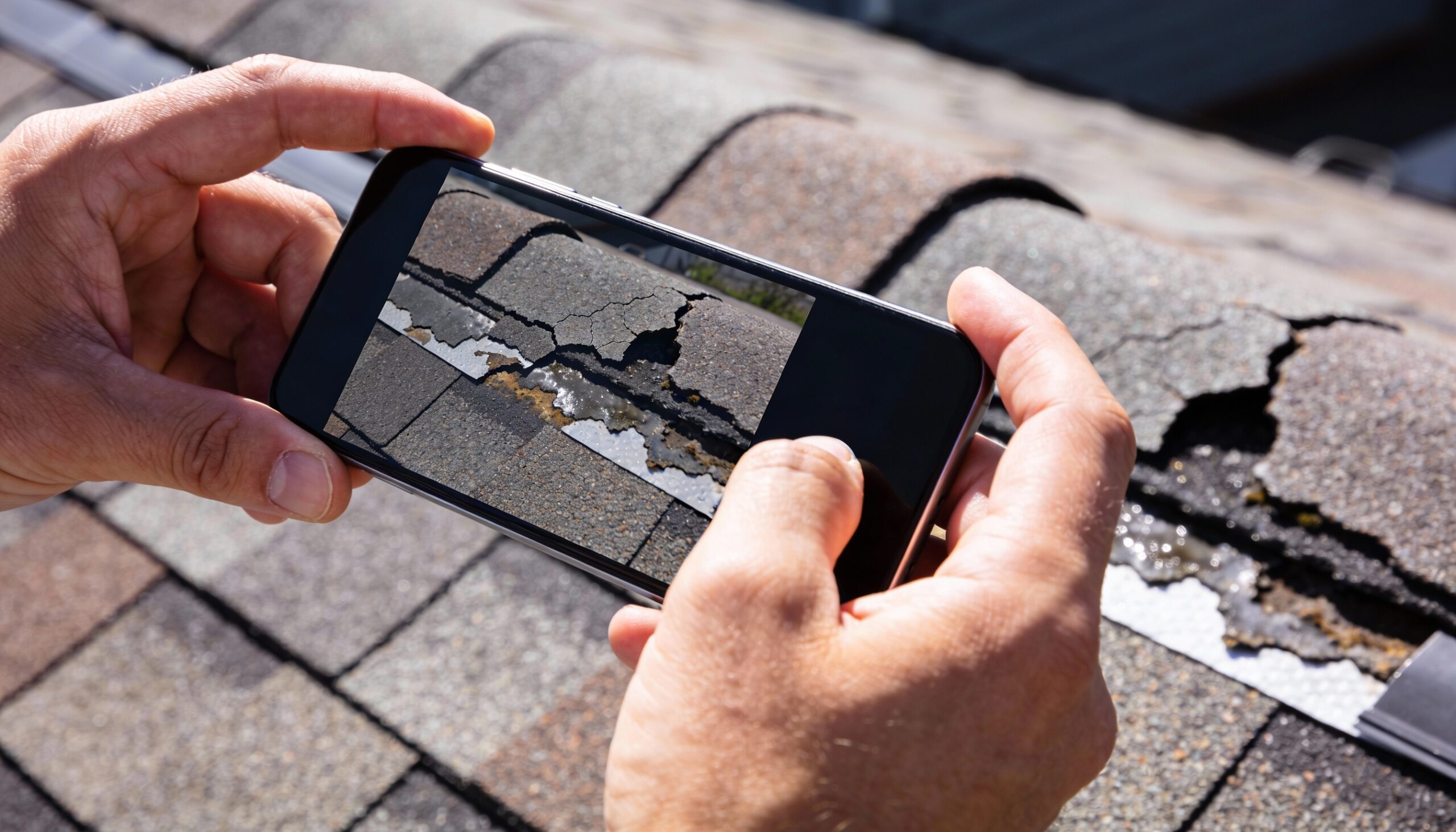 Homeowner documenting storm damage with smartphone for insurance claim evidence