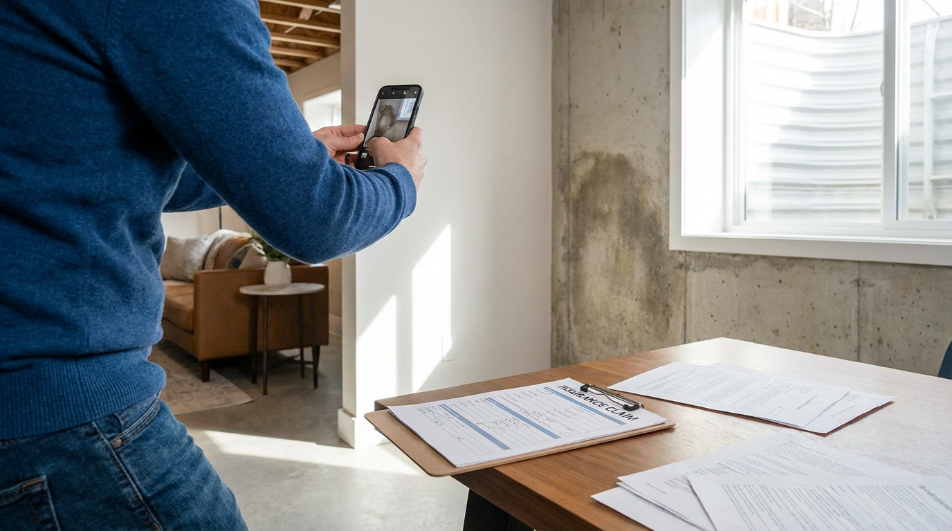 Homeowner documenting water damage insurance claim in Harrisburg by photographing basement wall damage for insurance filing