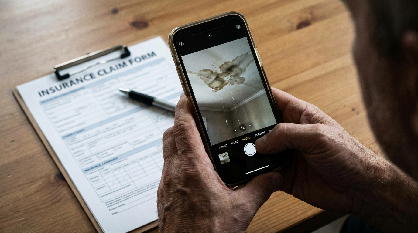 How to document water damage for insurance showing homeowner photographing ceiling damage to file water damage claim