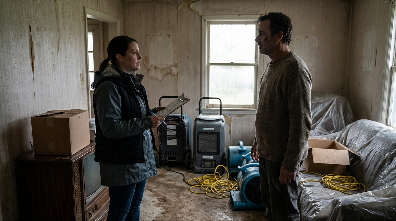 Insurance adjuster reviewing water damage insurance claim in Harrisburg with homeowner to determine if homeowners insurance covers water damage