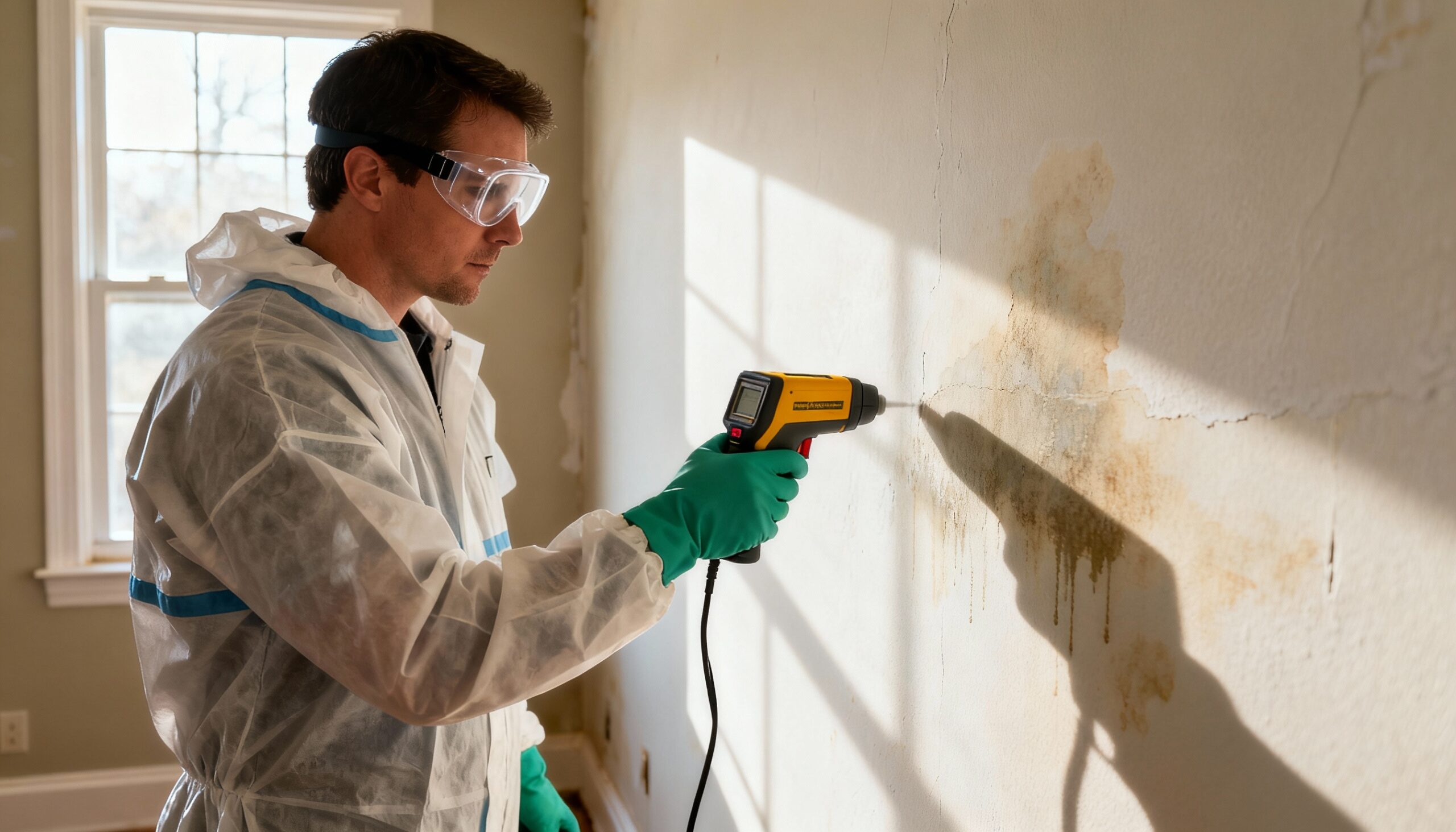 Professional technician inspecting for mold after water damage in Harrisburg home