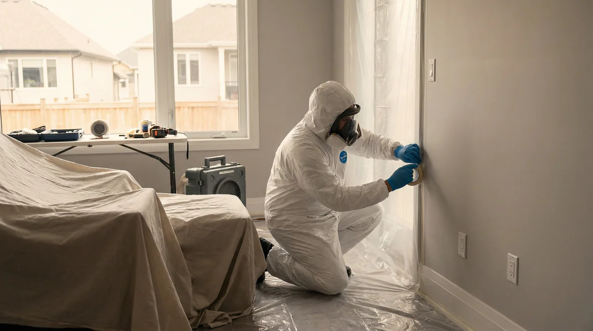 Professional technician performing mold removal in Toms River NJ home with protective containment barriers