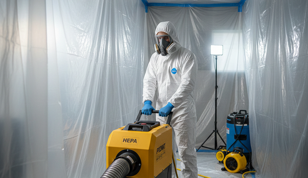 Professional mold remediation technician in protective equipment using HEPA filtration and containment barriers during residential mold damage restoration