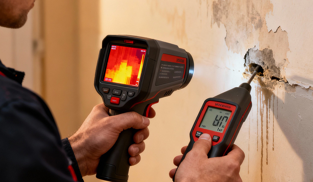 Mold remediation professional using thermal imaging camera and moisture meter to detect hidden water damage behind walls during residential inspection