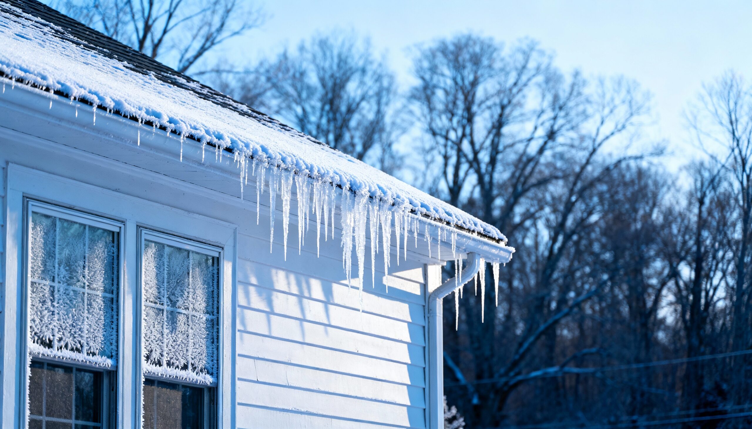 New Hampton NY home in winter showing frost and icicles demonstrating frozen pipes risk