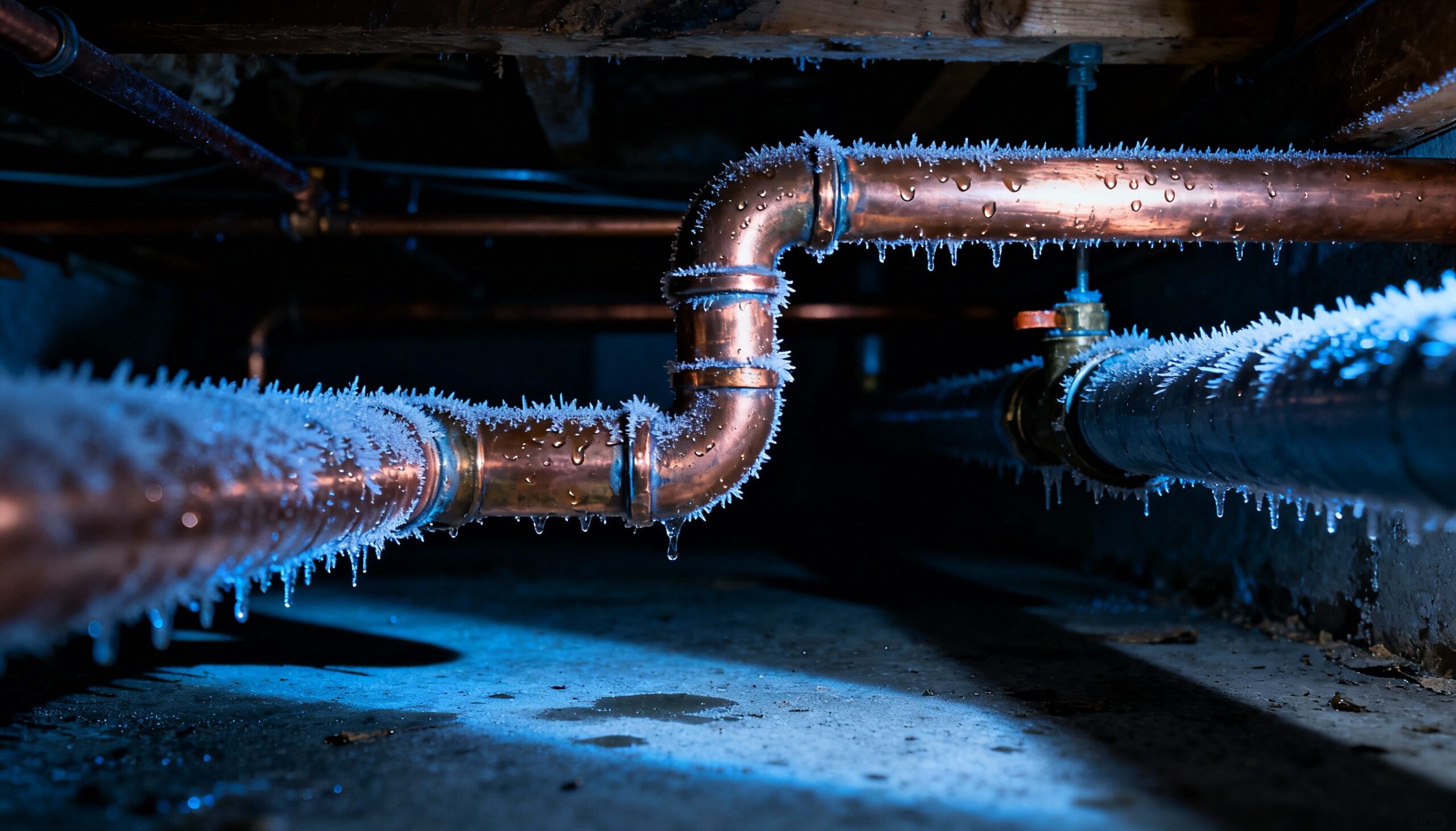 New Hampton Homeowners Guide to Frozen Pipe Prevention This Winter Frozen pipes in New Hampton NY crawl space showing ice formation on copper plumbing