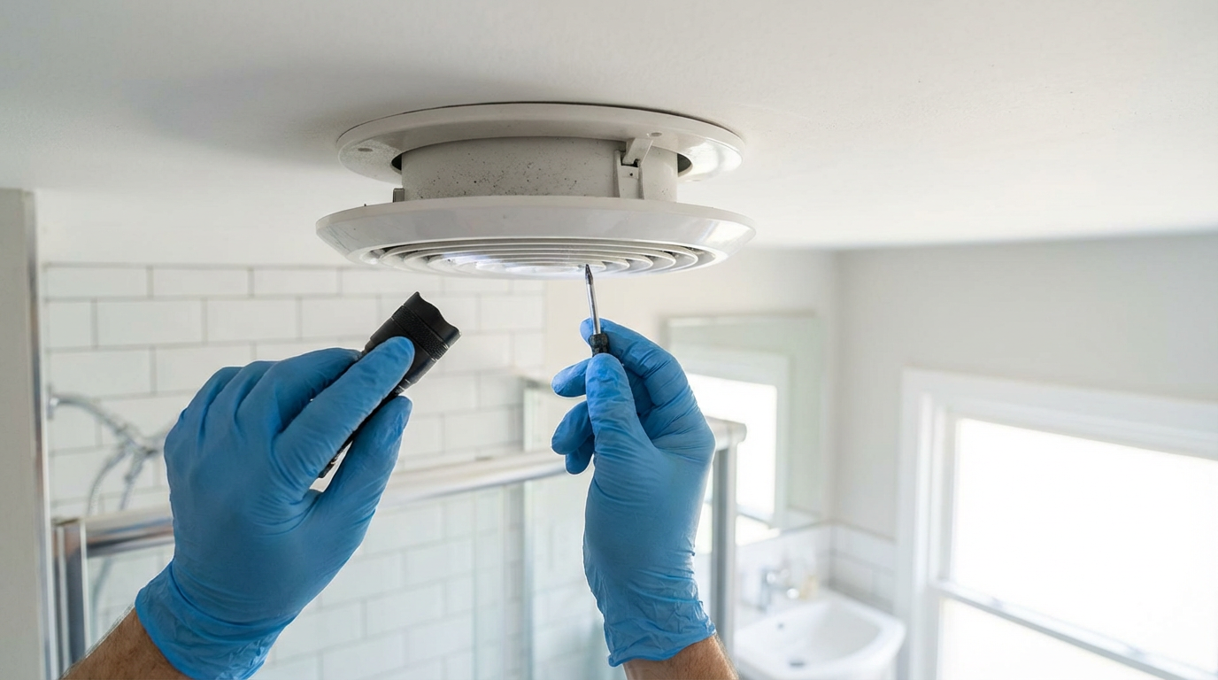 Inspecting bathroom ventilation as part of home mold prevention checklist to stop mold before it starts