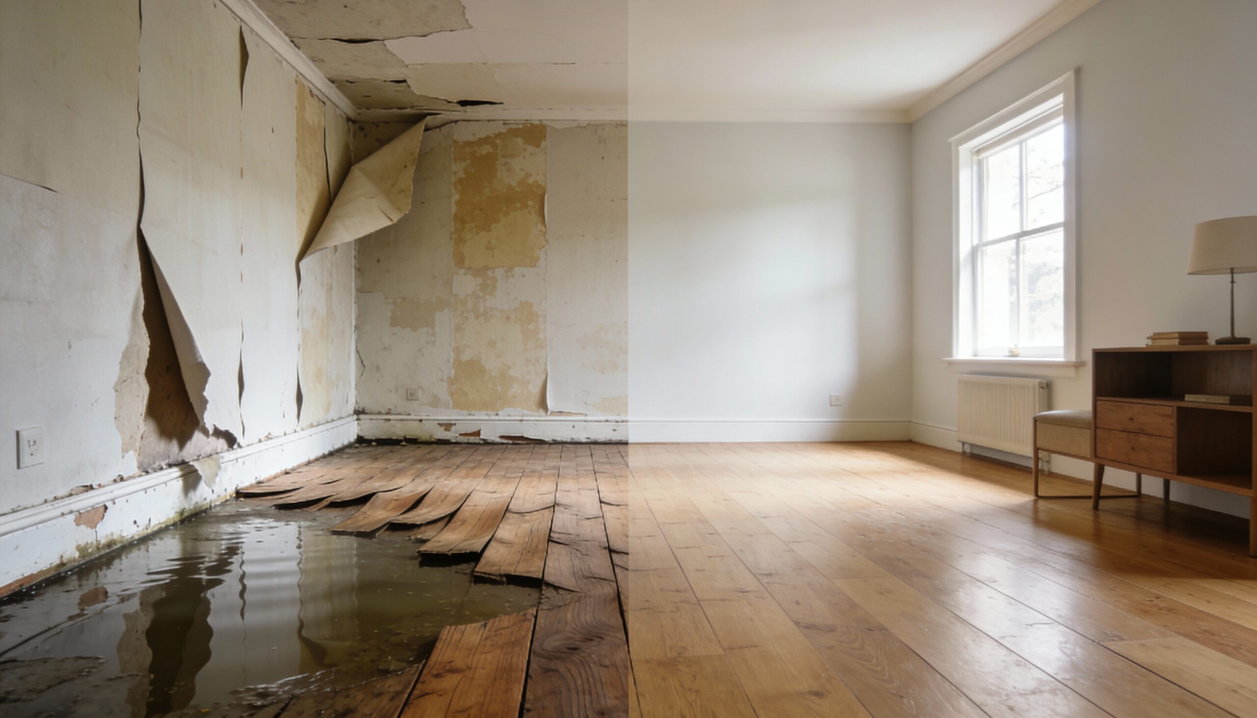 Before and after flood damage restoration showing complete recovery of Toms River home after water damage from nor'easter storm