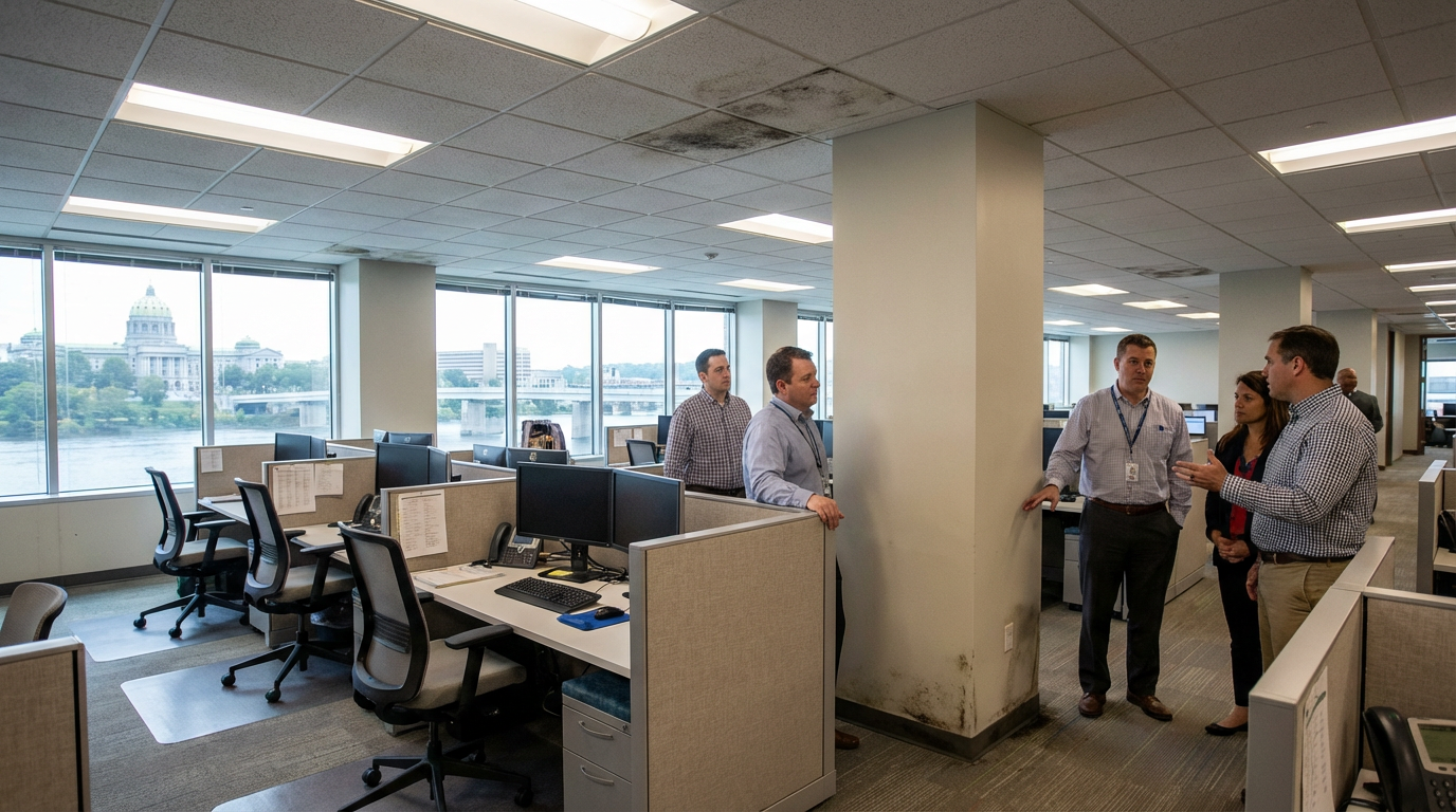 Office building mold in Harrisburg affecting commercial workspace with visible ceiling contamination requiring commercial mold remediation in Harrisburg