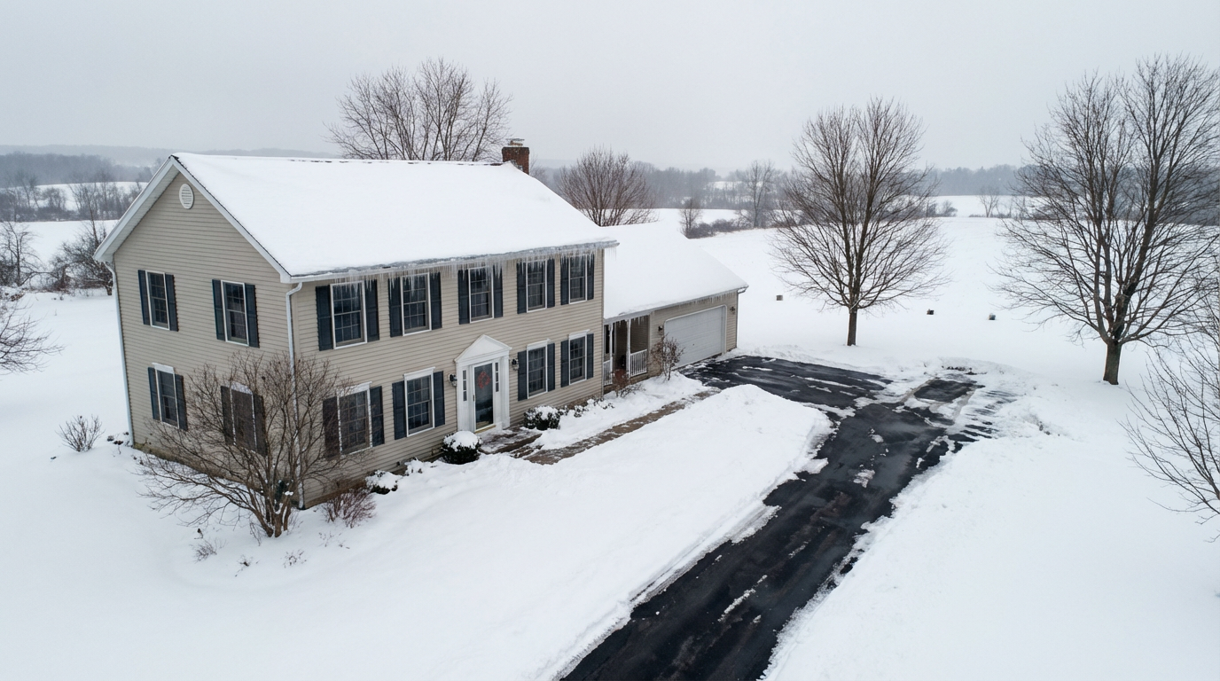 Winter water damage in New Hampton NY - snow-covered home showing roof and gutters that need winter home maintenance checklist inspection