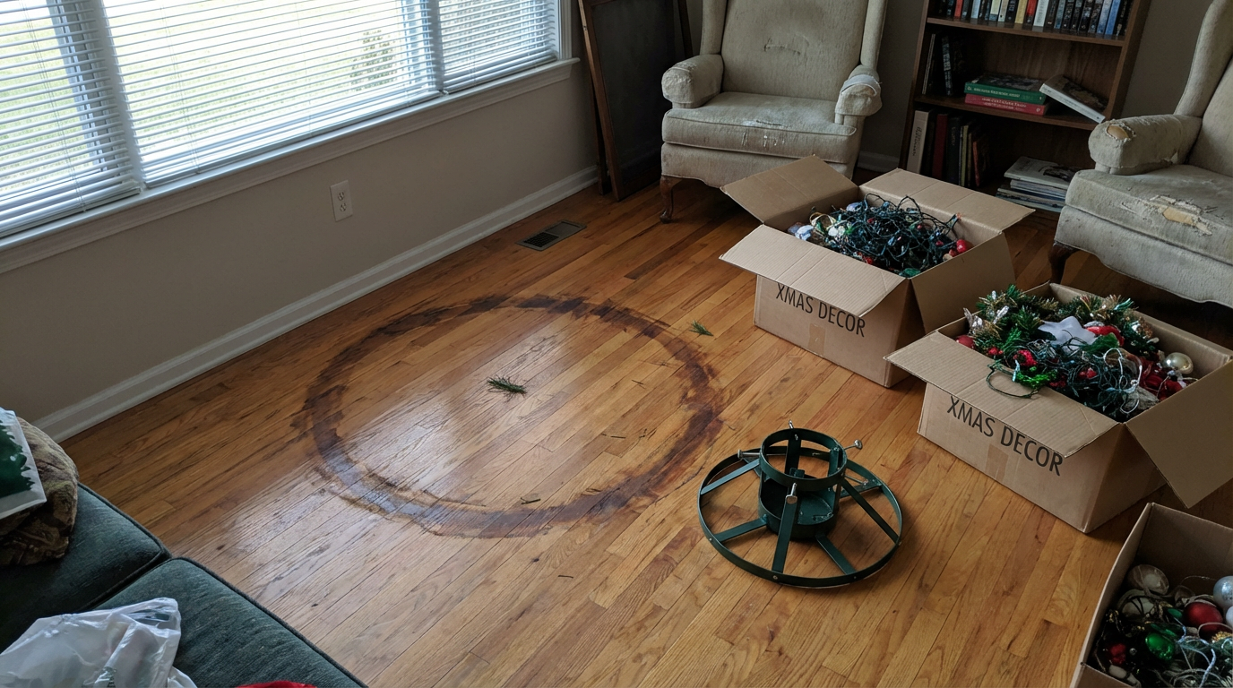 Water damage after holidays in Fairfield NJ from Christmas tree stand leaked onto hardwood floor