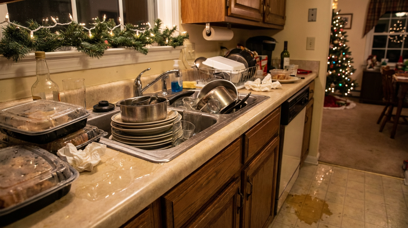 Post-Holiday Water Damage in Fairfield: Common Causes and Quick Response Holiday party water damage in Fairfield NJ kitchen from sink overflow during celebration