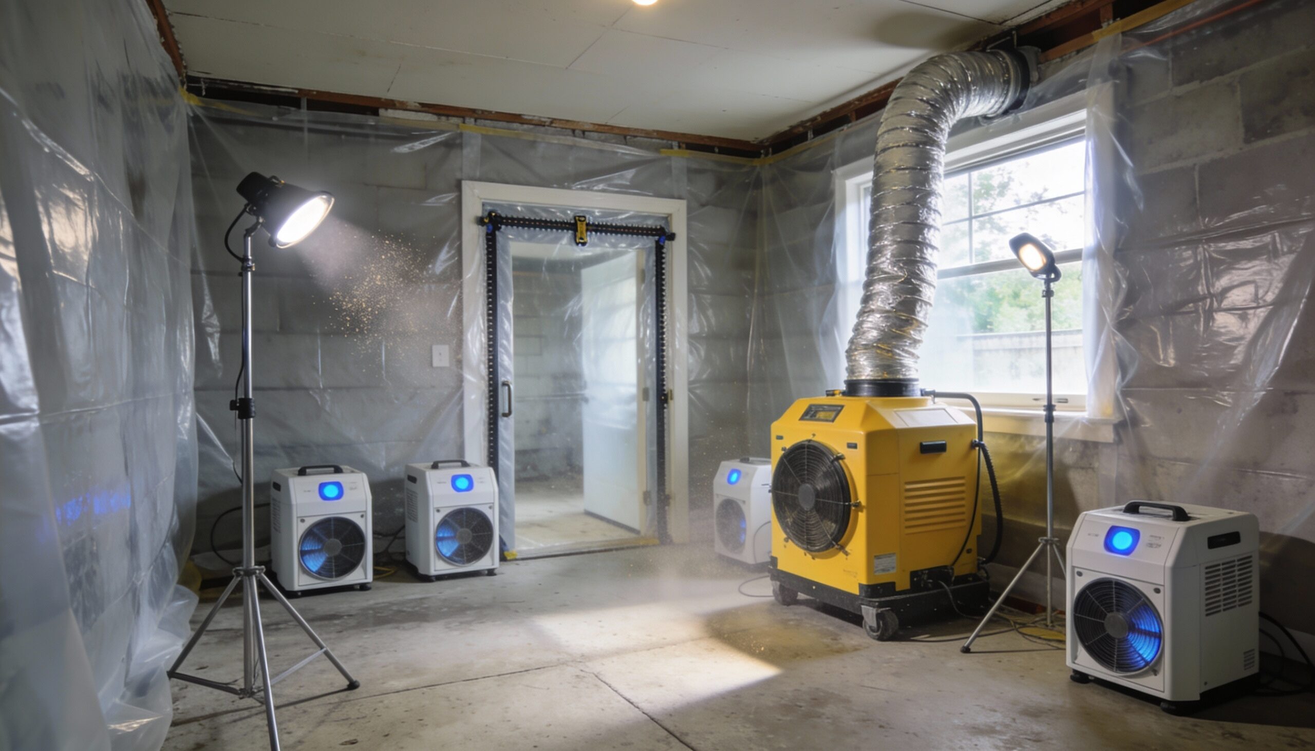 Professional residential mold remediation containment area with plastic barrier walls, negative air pressure machines, and HEPA filtration equipment in residential basement