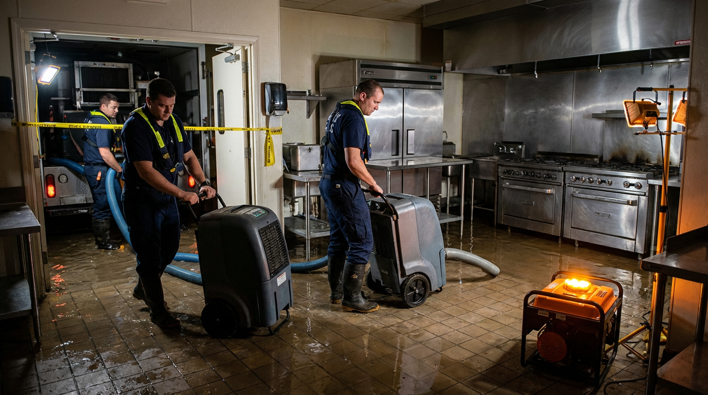 Restaurant flood restoration in Fairfield NJ - professional water damage cleanup team extracting water from commercial kitchen