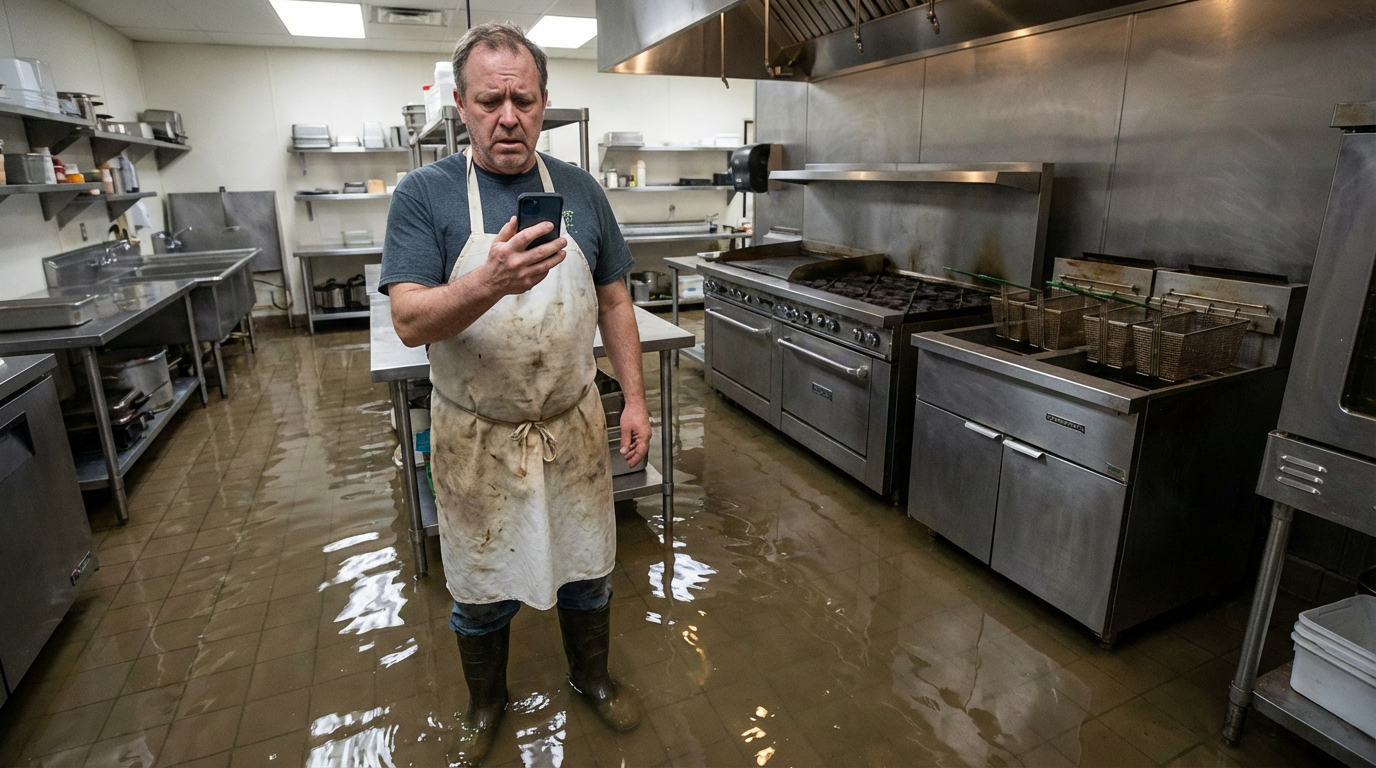 Business flooded what to do - restaurant owner documenting water damage for insurance claim