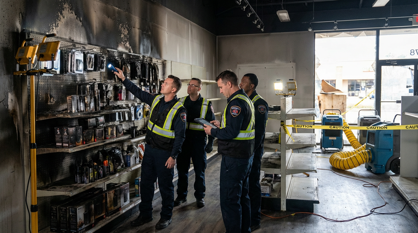 Retail store fire damage in Harrisburg being assessed by professional business fire damage restoration team