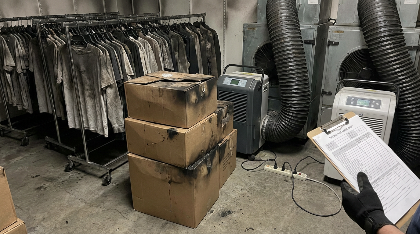 Store fire recovery process showing smoke-damaged inventory and fire damage cleanup in Harrisburg equipment