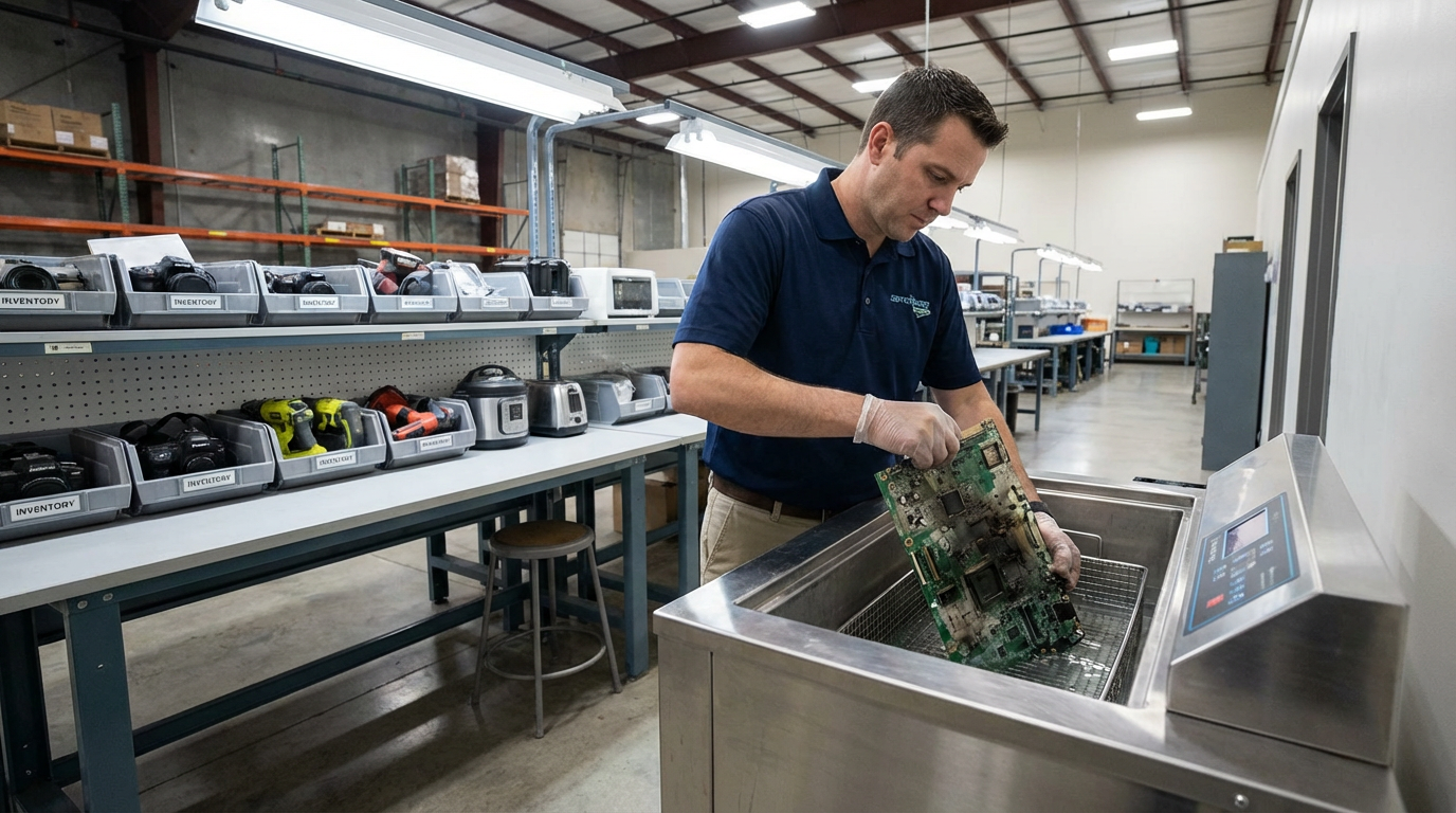 Commercial fire damage in Harrisburg restoration technician performing specialized store fire recovery on retail electronics