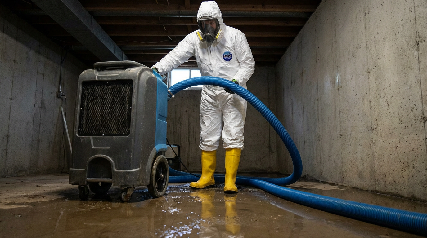 Professional technician performing sewage backup in Fairfield NJ cleanup using commercial sewage cleanup near me extraction equipment