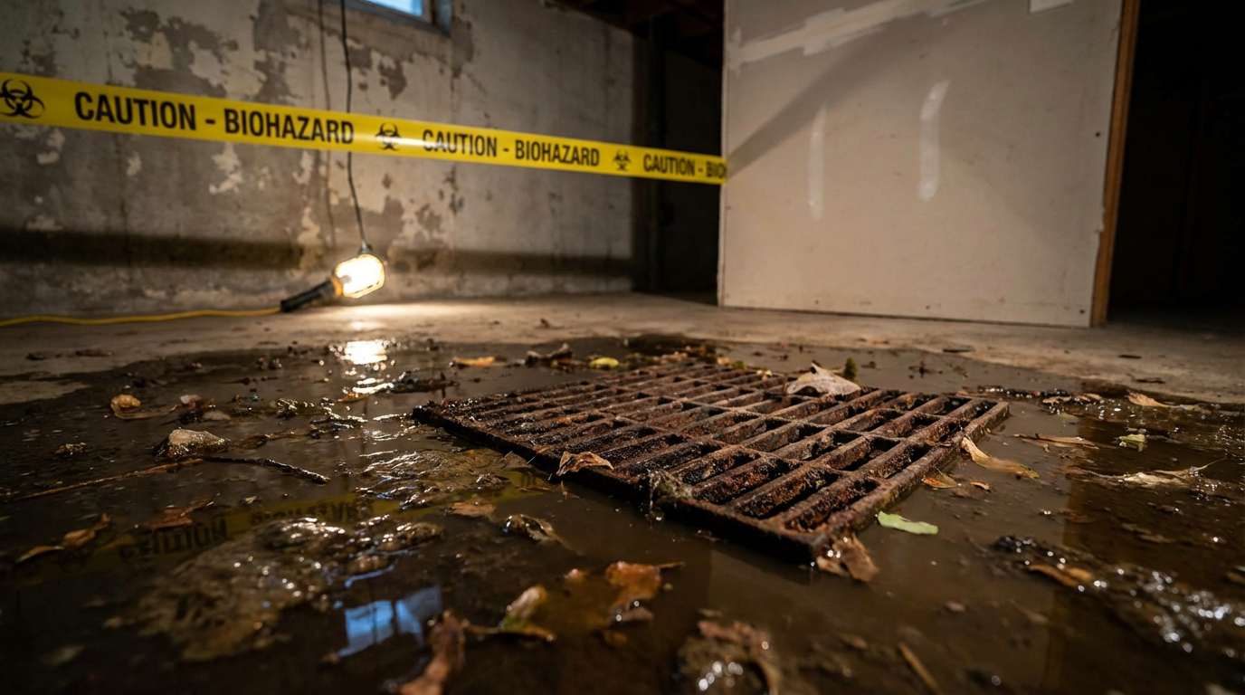 Sewage Backup in Fairfield Homes: Health Risks and Professional Cleanup Dangerous sewer backup in house situation showing contaminated black water requiring professional sewage backup in Fairfield NJ restoration