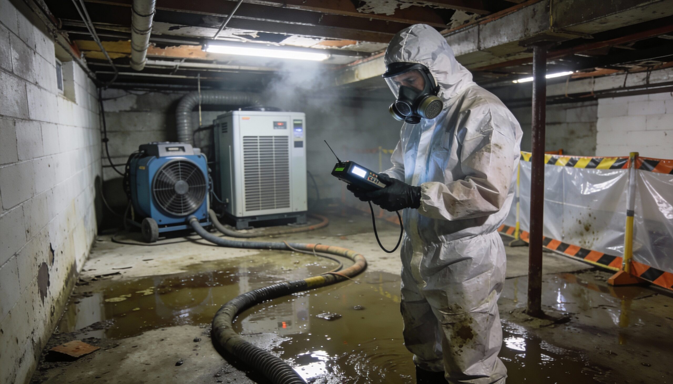 Professional sewage cleanup technician in protective equipment estimating cleanup costs in flooded basement