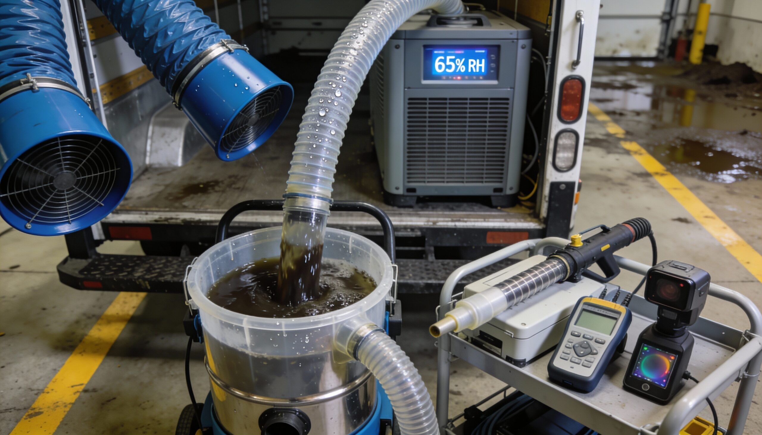 Professional sewage cleanup equipment including extraction systems dehumidifiers and air movers