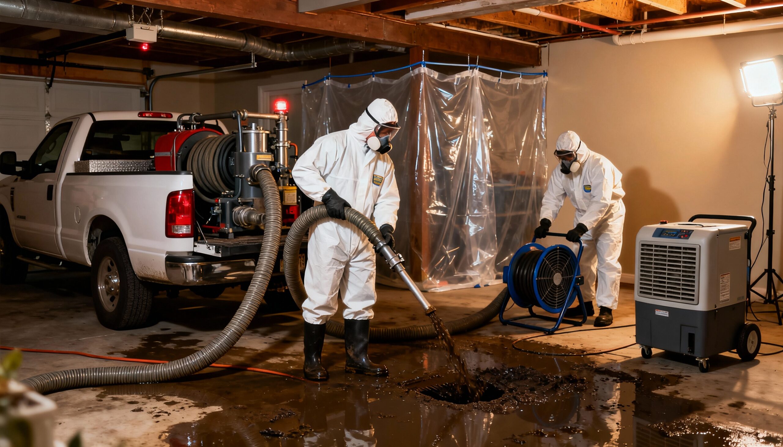 Professional sewer backup restoration team performing emergency sewage cleanup in residential basement with industrial equipment