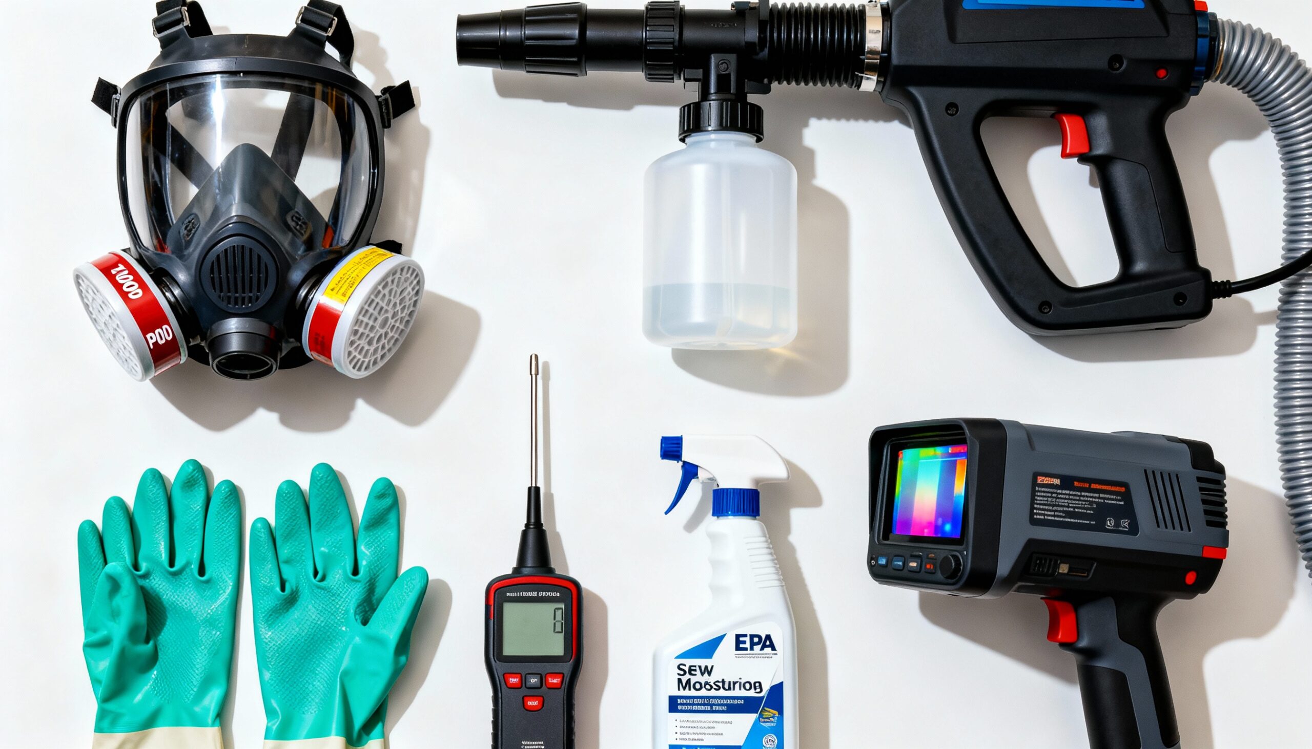 Sewer Backup Cleanup: A Step-by-Step Guide to Professional Restoration Close-up of sewage backup cleanup equipment showing protective gear, antimicrobial sprayer, and moisture detection tools used by professional restoration companies