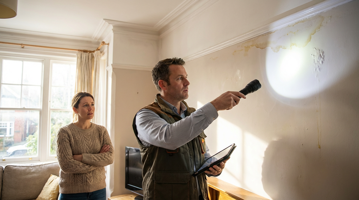 Water damage signs in Fairfield NJ - inspector examining wall stains in home