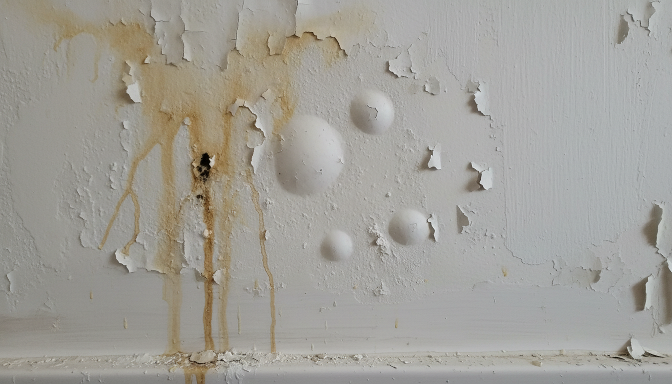 Signs of water leak in wall showing peeling paint and discoloration
