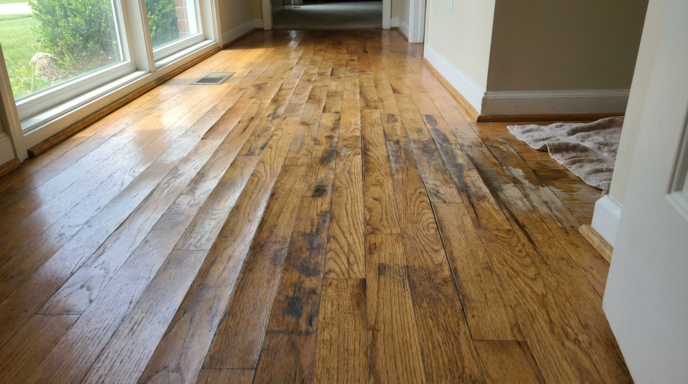 Water damage under floor causing warped hardwood planks in home
