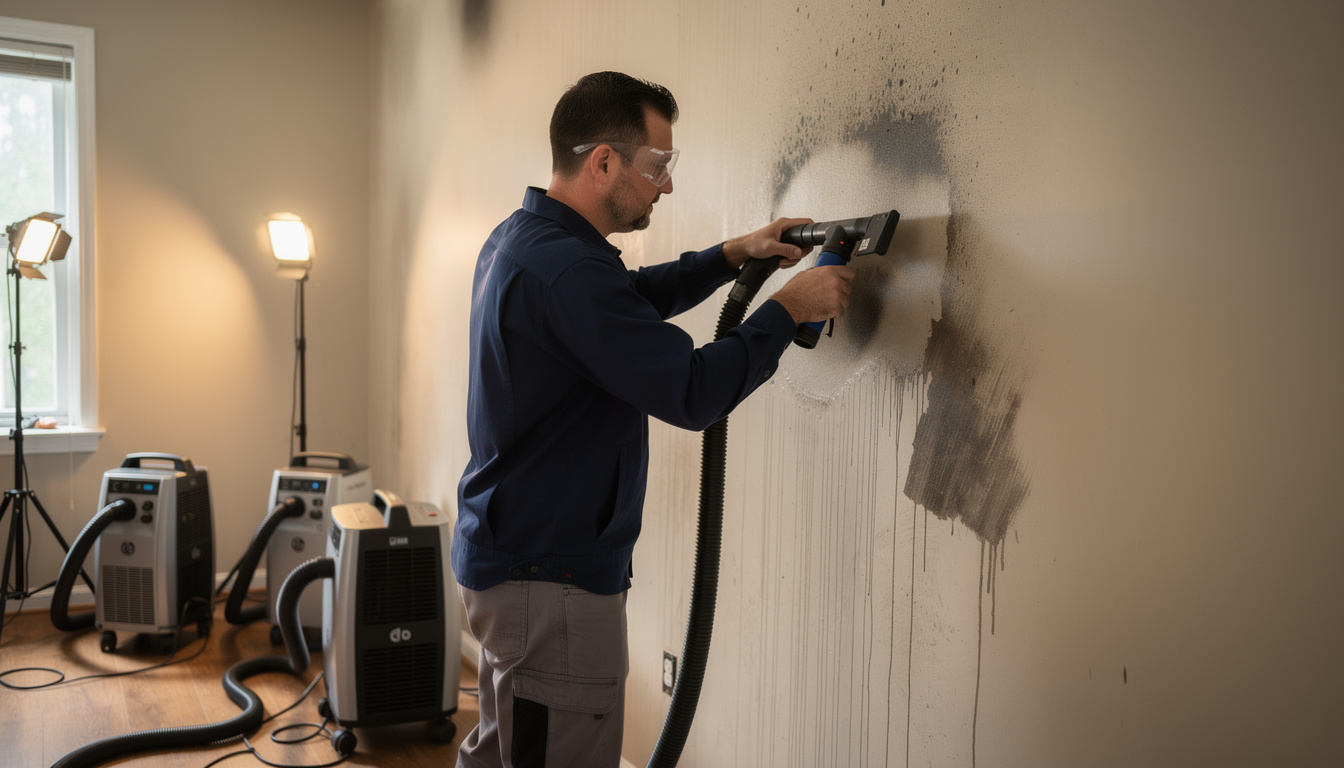 Professional technician performing smoke damage restoration using industrial HEPA vacuum equipment