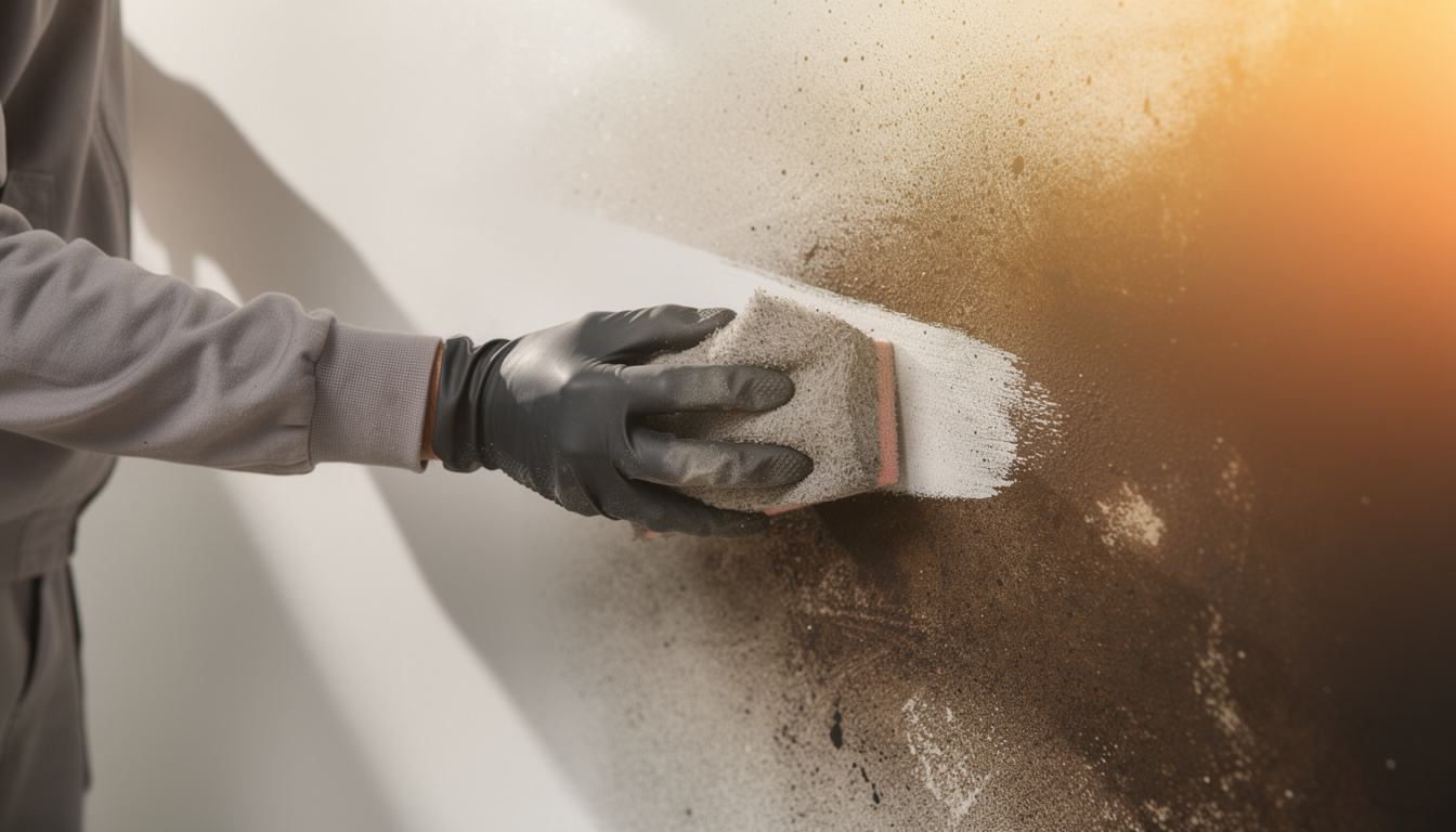 Restoration specialist using dry cleaning sponge for soot removal on smoke-damaged wall