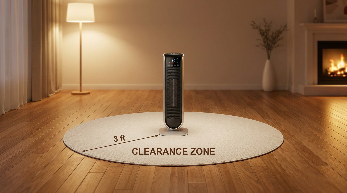 Space heater fire risk in New Hampton - portable heater with safe clearance zone demonstrating space heater safety tips