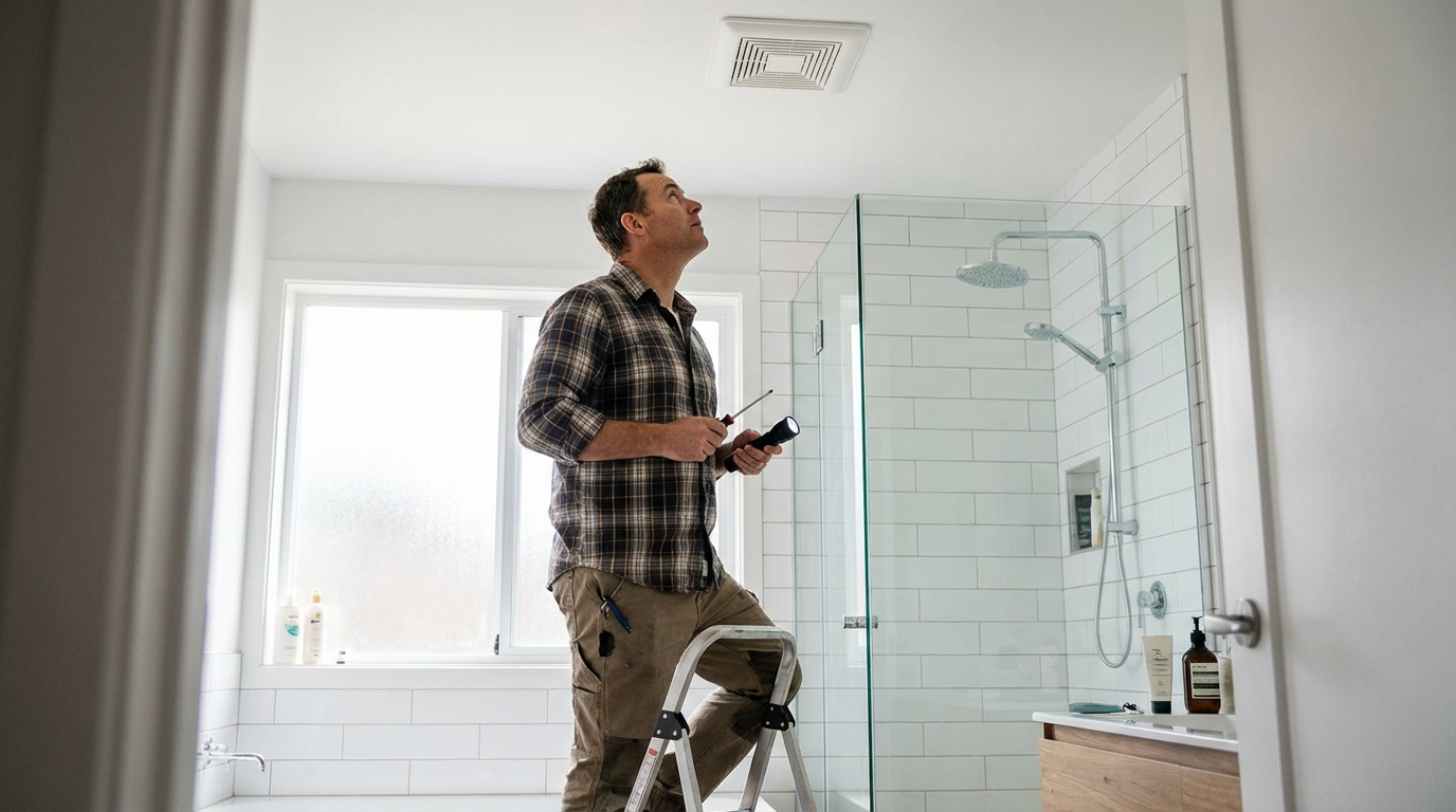 Starting 2026 Right: Fairfield Home Maintenance to Prevent Mold Growth Homeowner inspecting bathroom exhaust fan for mold prevention in Fairfield home