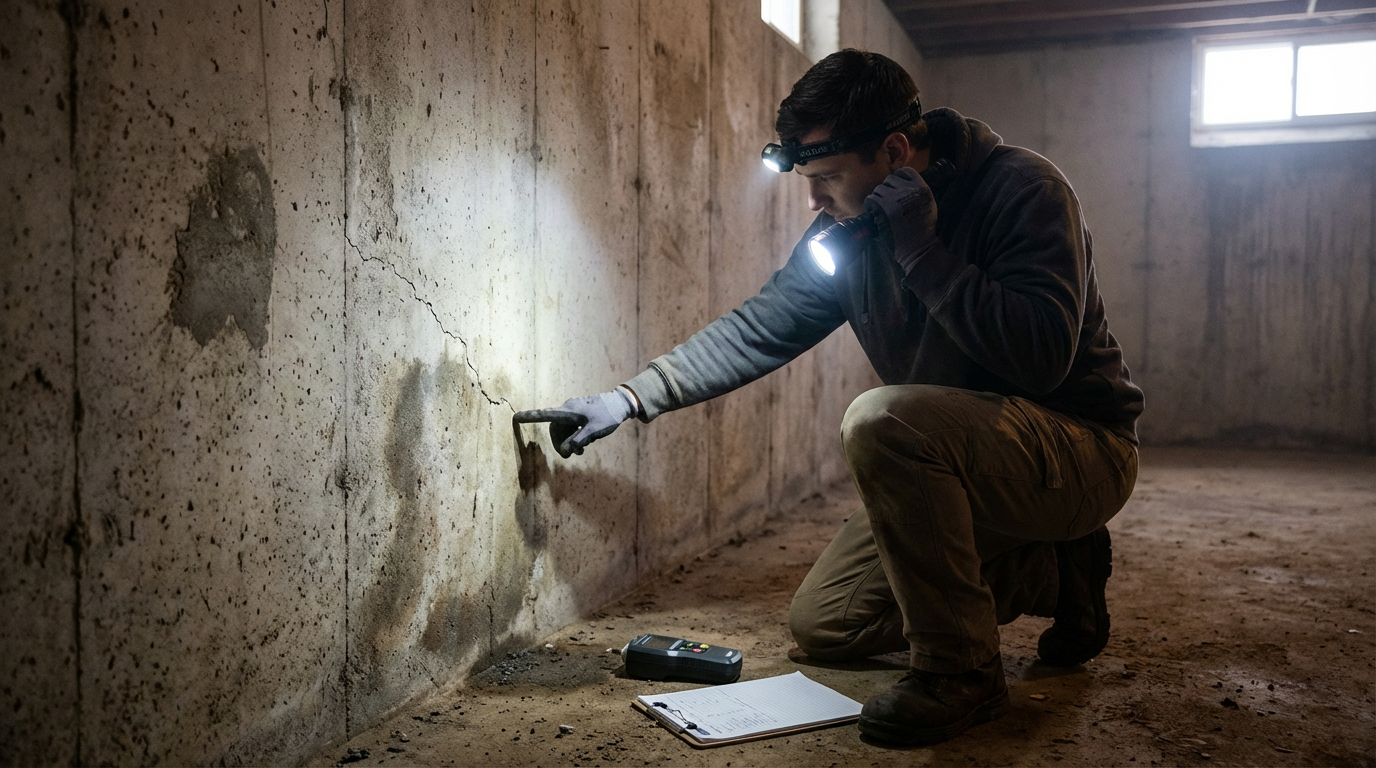 Starting 2026 Right: Fairfield Home Maintenance to Prevent Mold Growth Inspecting basement foundation for moisture to stop mold growth in Fairfield home