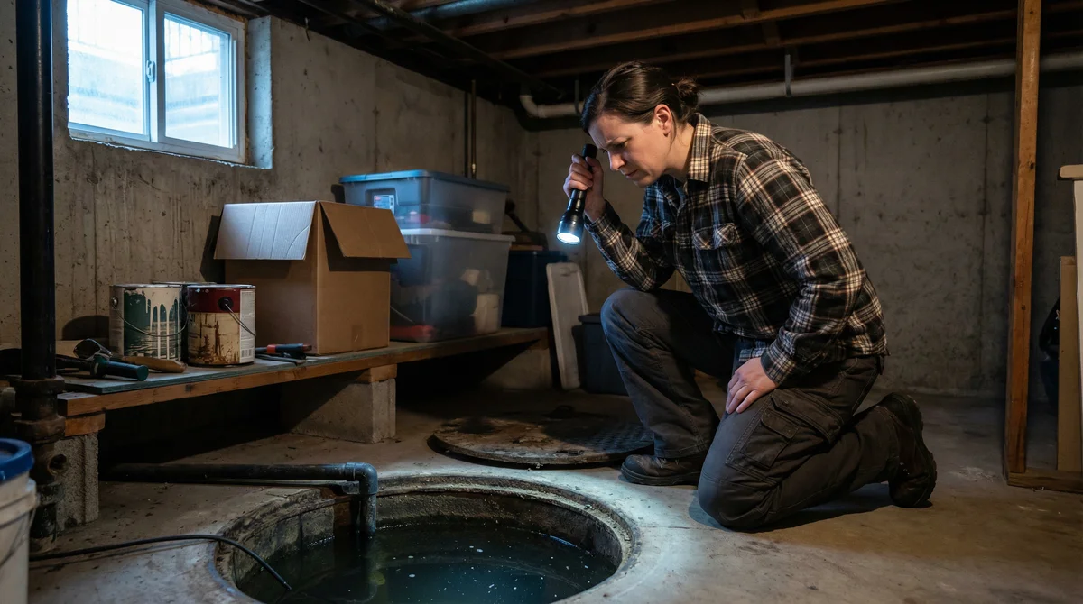 Sump Pump Failure During Fairfield Winter Storms: Backup Solutions Homeowner inspecting sump pump before winter storm to prevent sump pump failure in Fairfield NJ