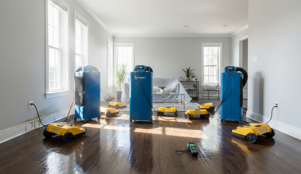 Water damage restoration cost assessment with professional drying equipment in residential living room