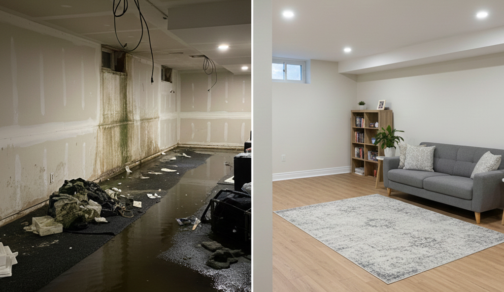 Water Damage Restoration Cost: Complete Pricing Guide for Homeowners Water damage repair before and after showing basement restoration from flooding to fully restored condition