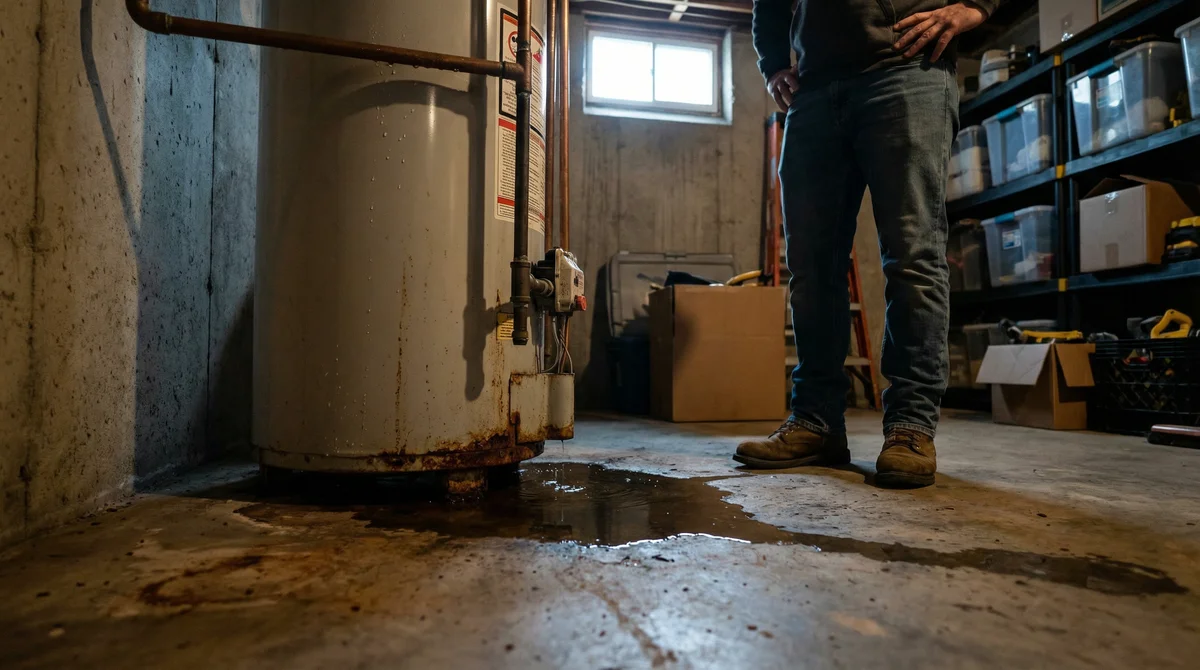 Water heater leaking in Toms River basement with water pooling on floor near tank