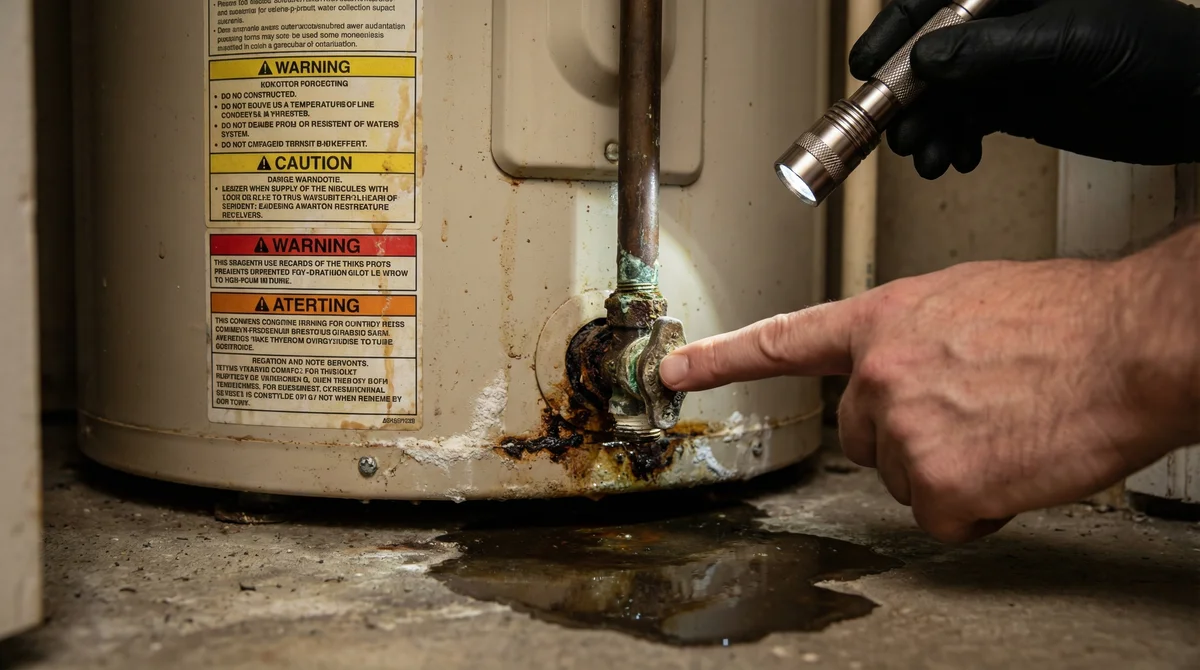 Water Heater Failures in Toms River: Preventing Basement Flooding Warning signs of water heater leaking in Toms River home showing rust and corrosion at fittings