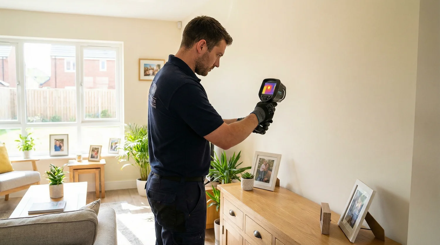 Water leak in Toms River NJ detected by restoration expert using thermal imaging camera on home wall