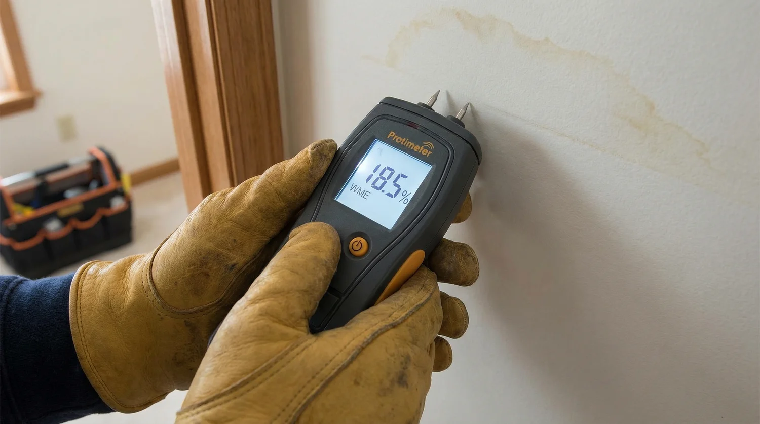 Water Leak Detection: How Toms River Restoration Experts Find Hidden Moisture Moisture meter detecting water leak in Toms River NJ behind drywall surface