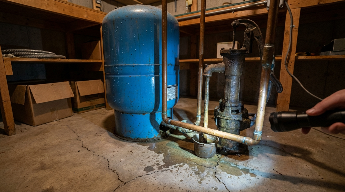 Well pump failed flooded basement warning signs - Pressure tank system showing early indicators of water problems in New Hampton NY