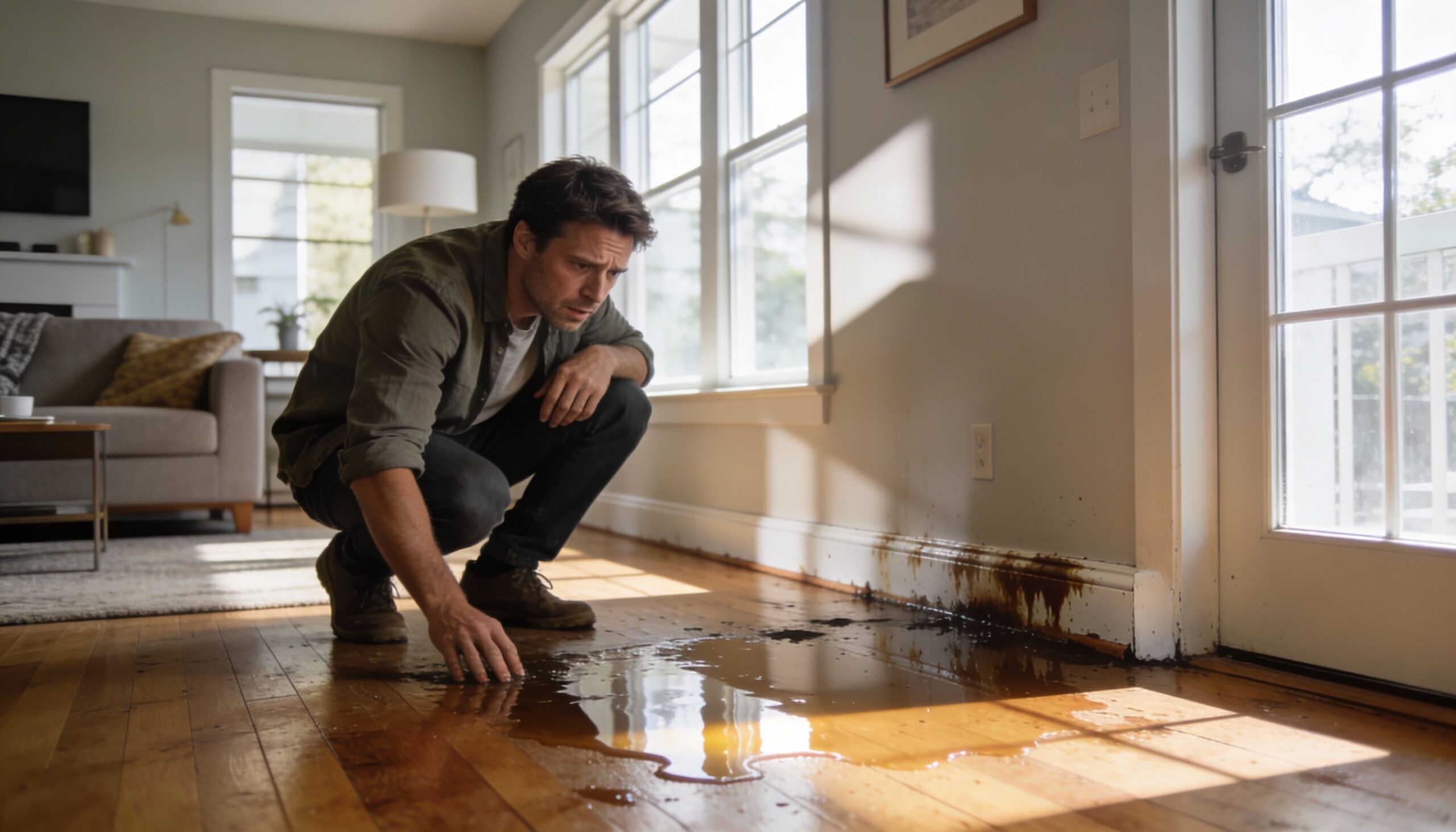 Homeowner inspecting water damage on floor during emergency response in residential living room