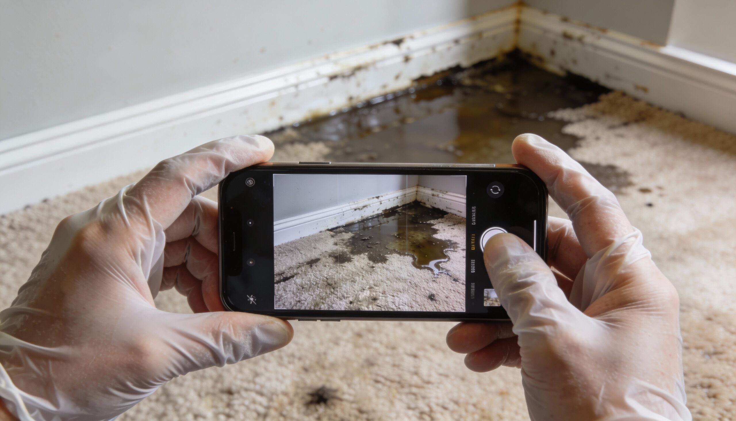 Homeowner documenting water damage with smartphone for insurance claim during emergency