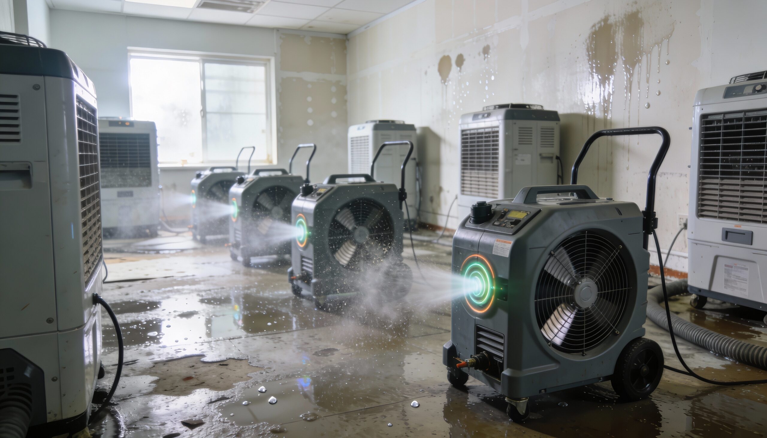 Industrial dehumidifiers and air movers drying water damaged room during professional restoration
